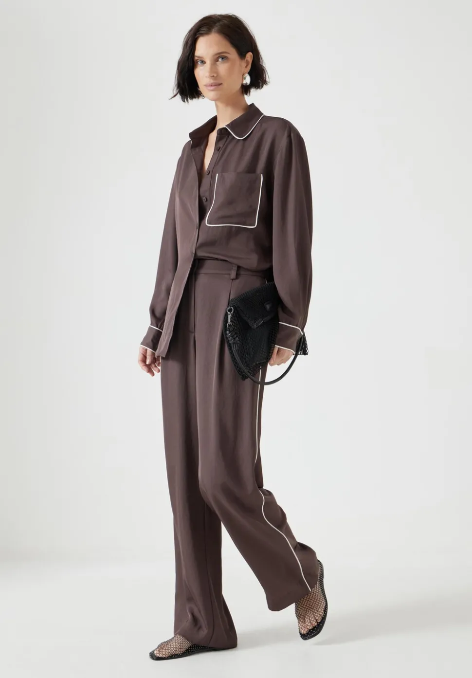 Carys Piping Detail Wide Leg Trousers