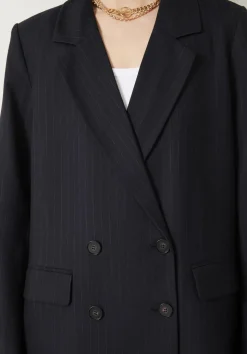 Double Breasted Pinstripe Wool Blend Blazer