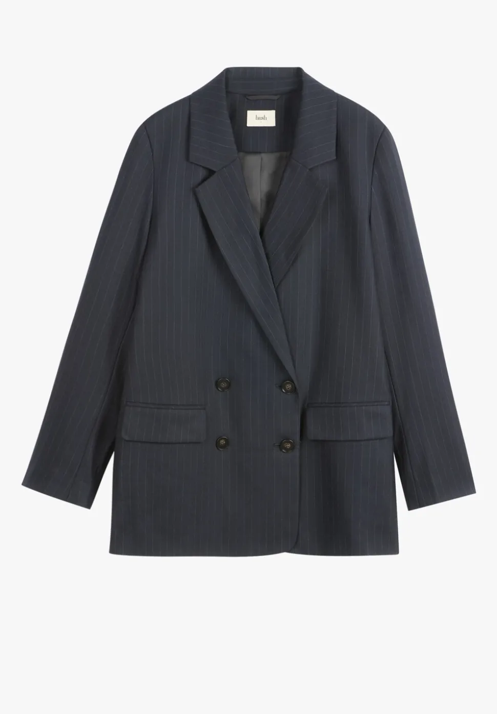 Double Breasted Pinstripe Wool Blend Blazer