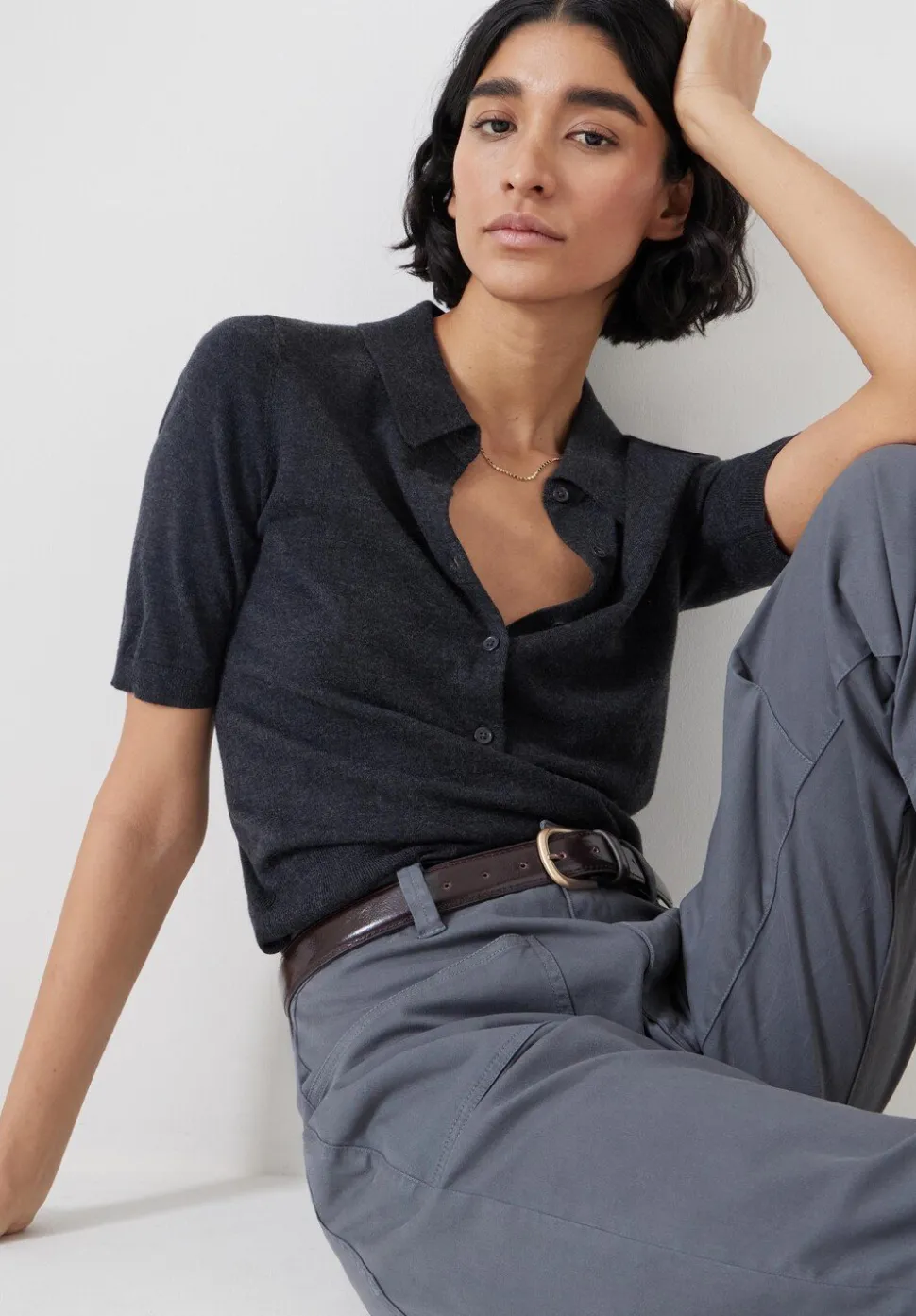 Fine Knit Short Sleeve Polo Top