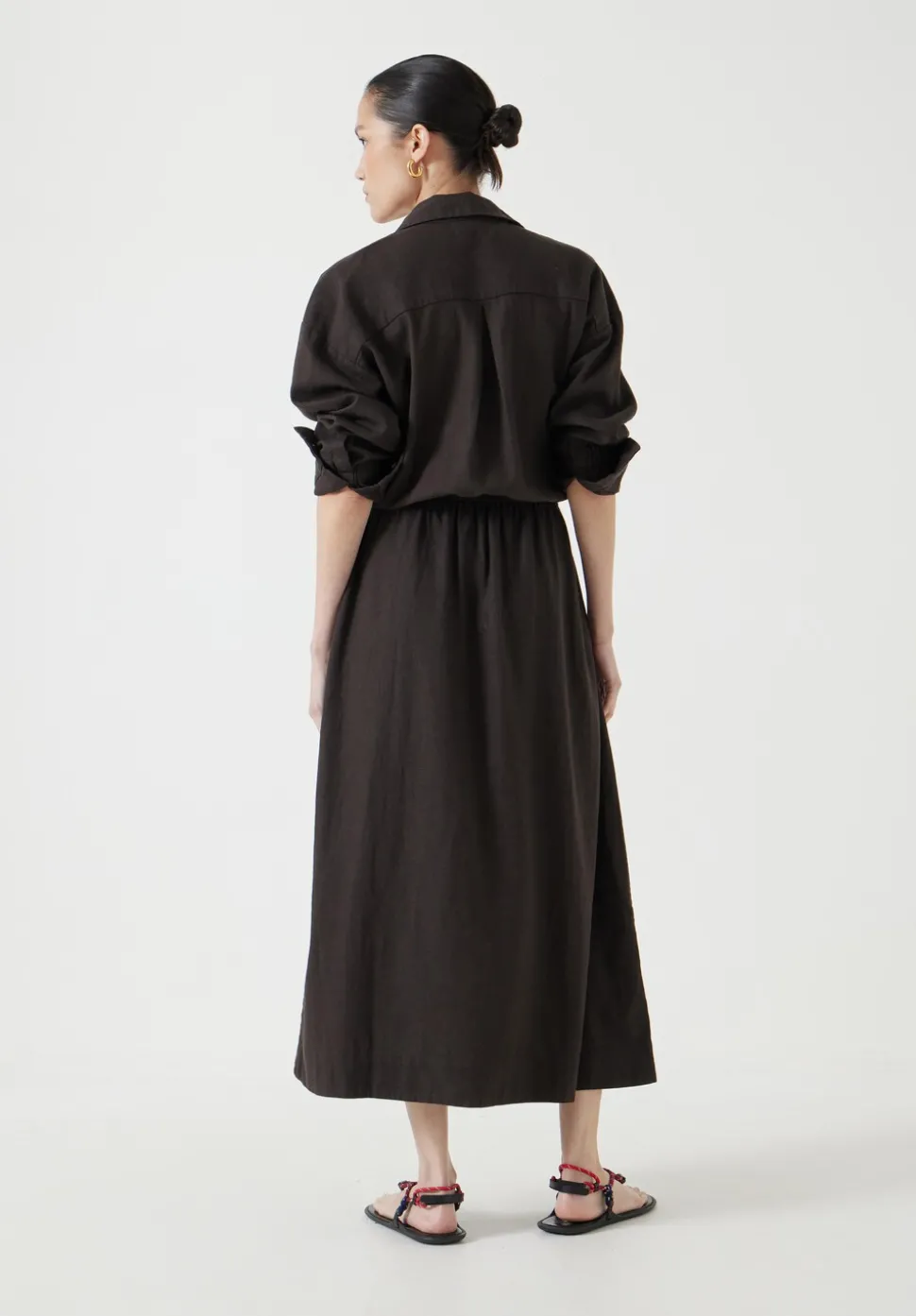 Front Bow Linen Blend Maxi Shirt Dress