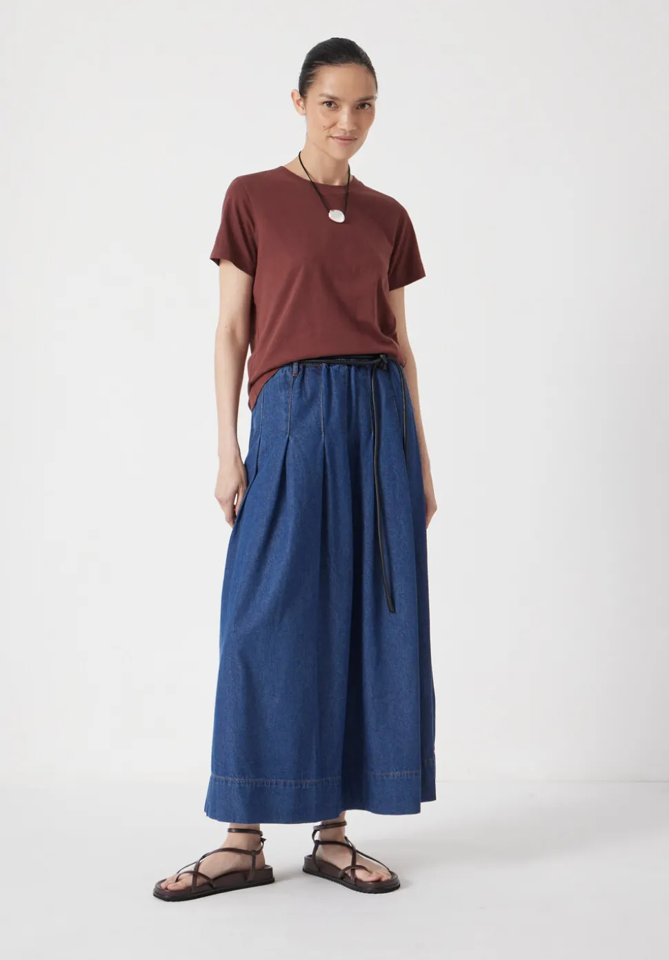 Ivy Pleated Denim Midi Skirt