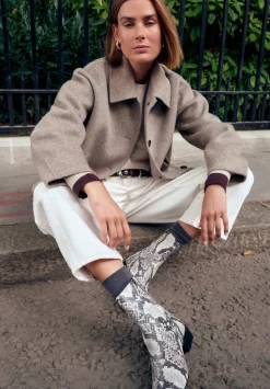 Leather Snake Print Square Toe Boots