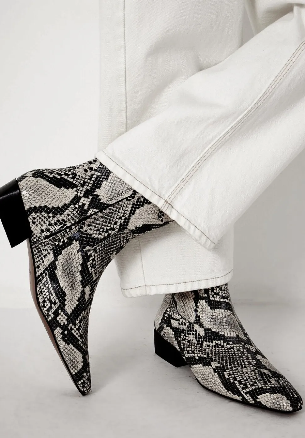 Leather Snake Print Square Toe Boots