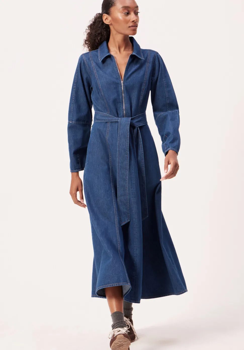 Long Sleeve Denim Tie Waist Dress