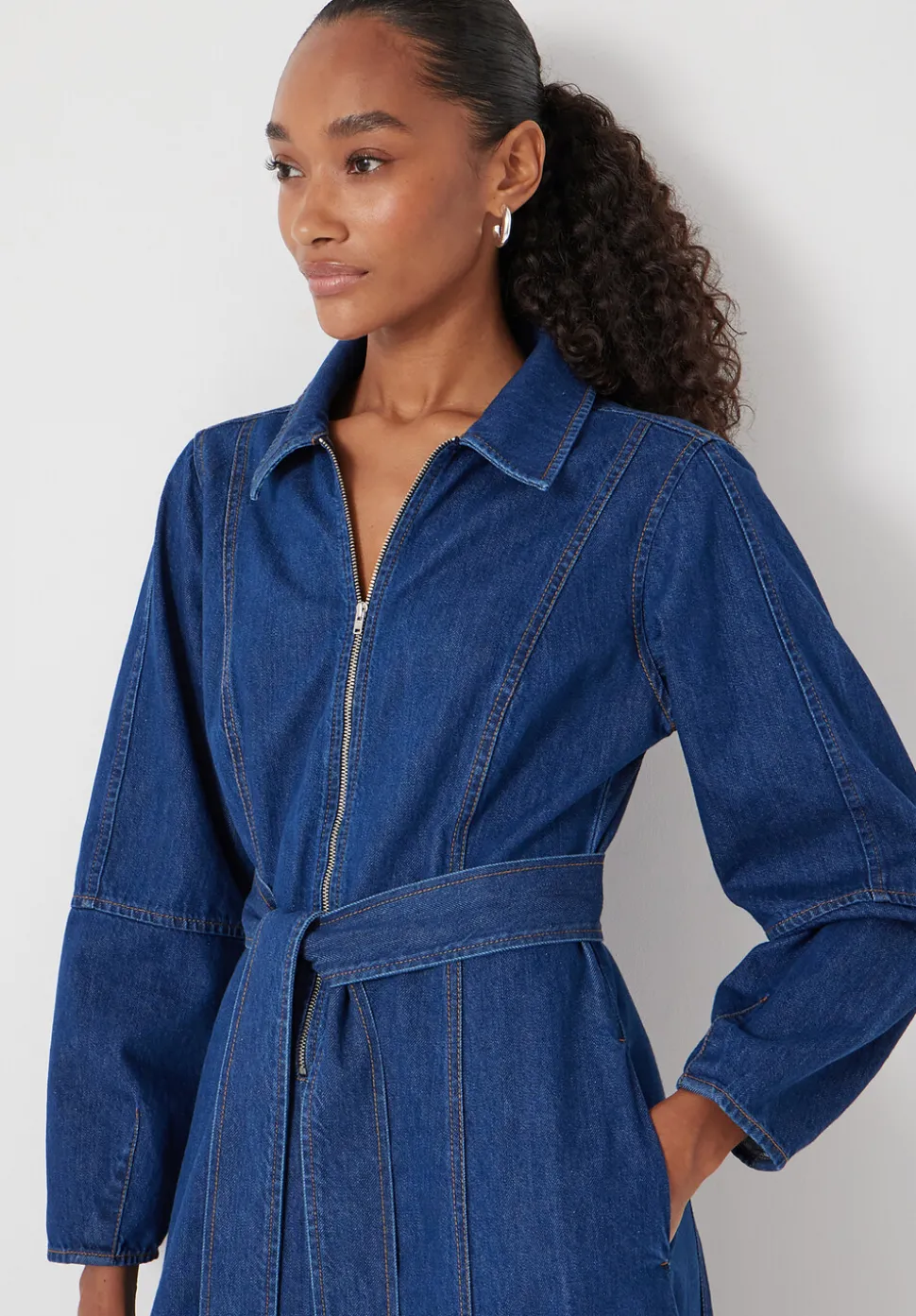 Long Sleeve Denim Tie Waist Dress