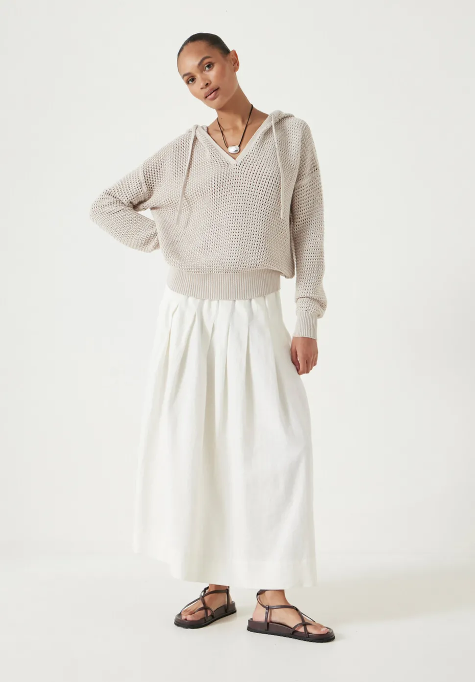 Open Stitch Cotton V Neck Hoodie