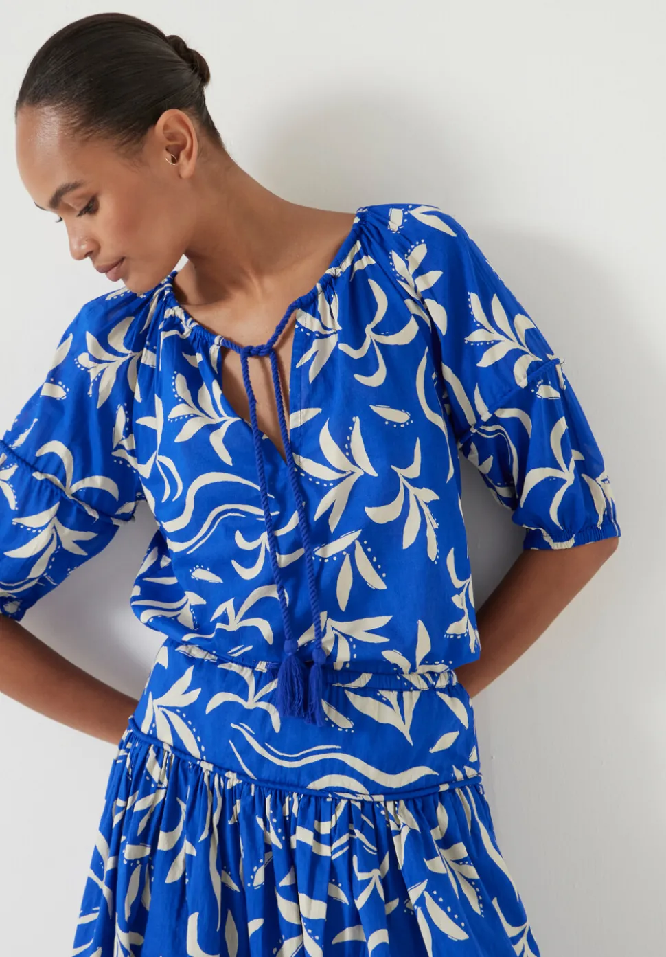 Printed Cotton Balloon Sleeve Blouse