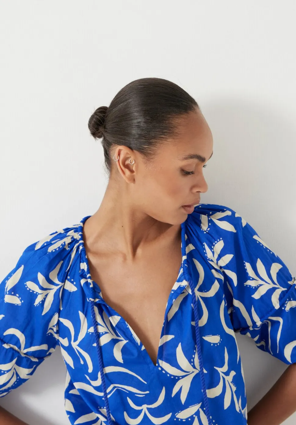 Printed Cotton Balloon Sleeve Blouse