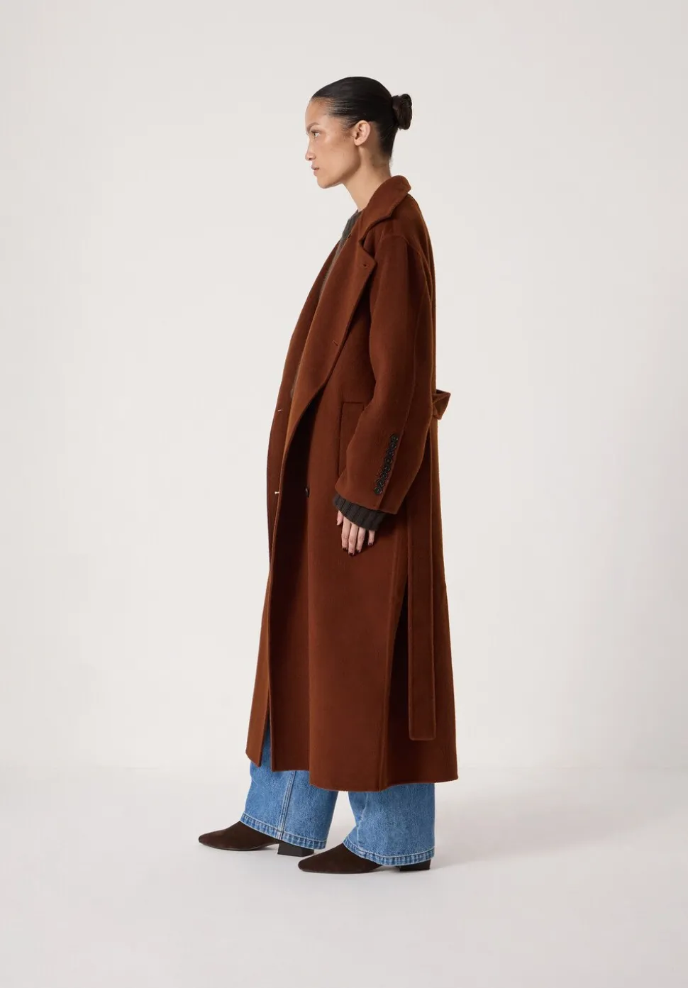 Pure Wool Double Faced Funnel Neck Belted Coat