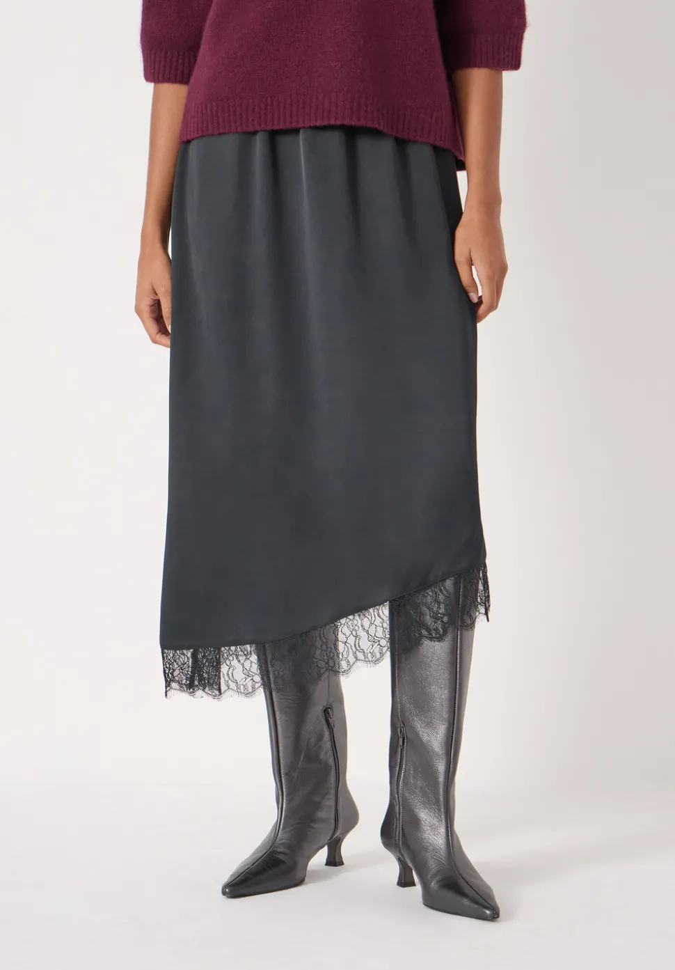 Satin Asymmetric Lace Trim Skirt