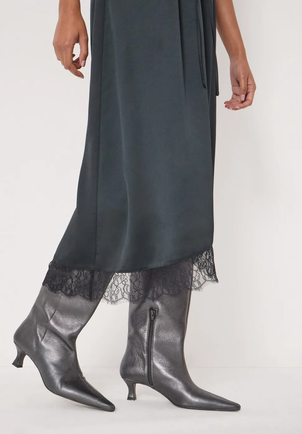 Satin Asymmetric Lace Trim Skirt