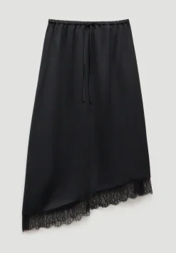 Satin Asymmetric Lace Trim Skirt