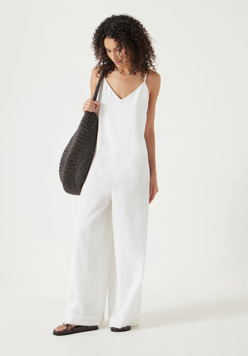 Seersucker Cotton Wide Leg Jumpsuit