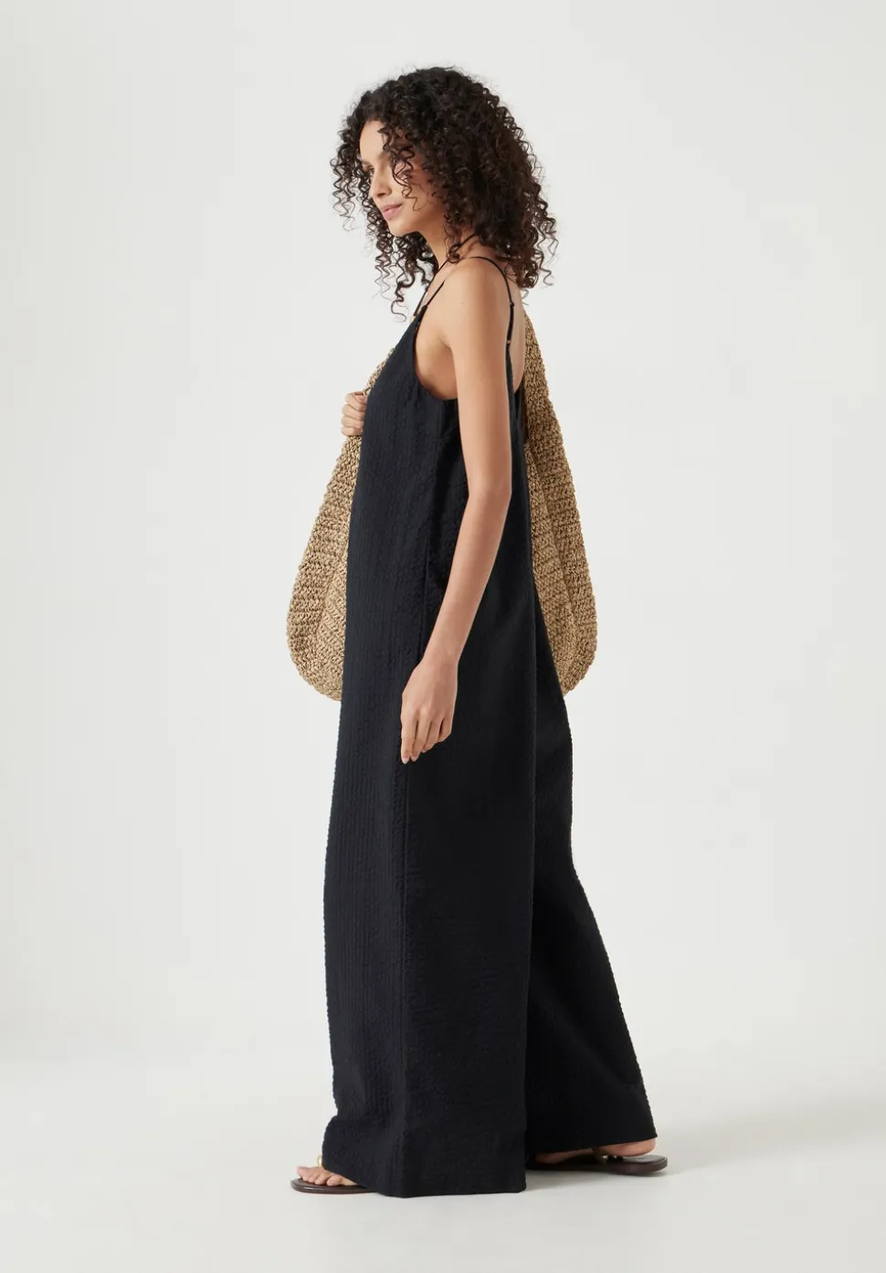 Seersucker Cotton Wide Leg Jumpsuit