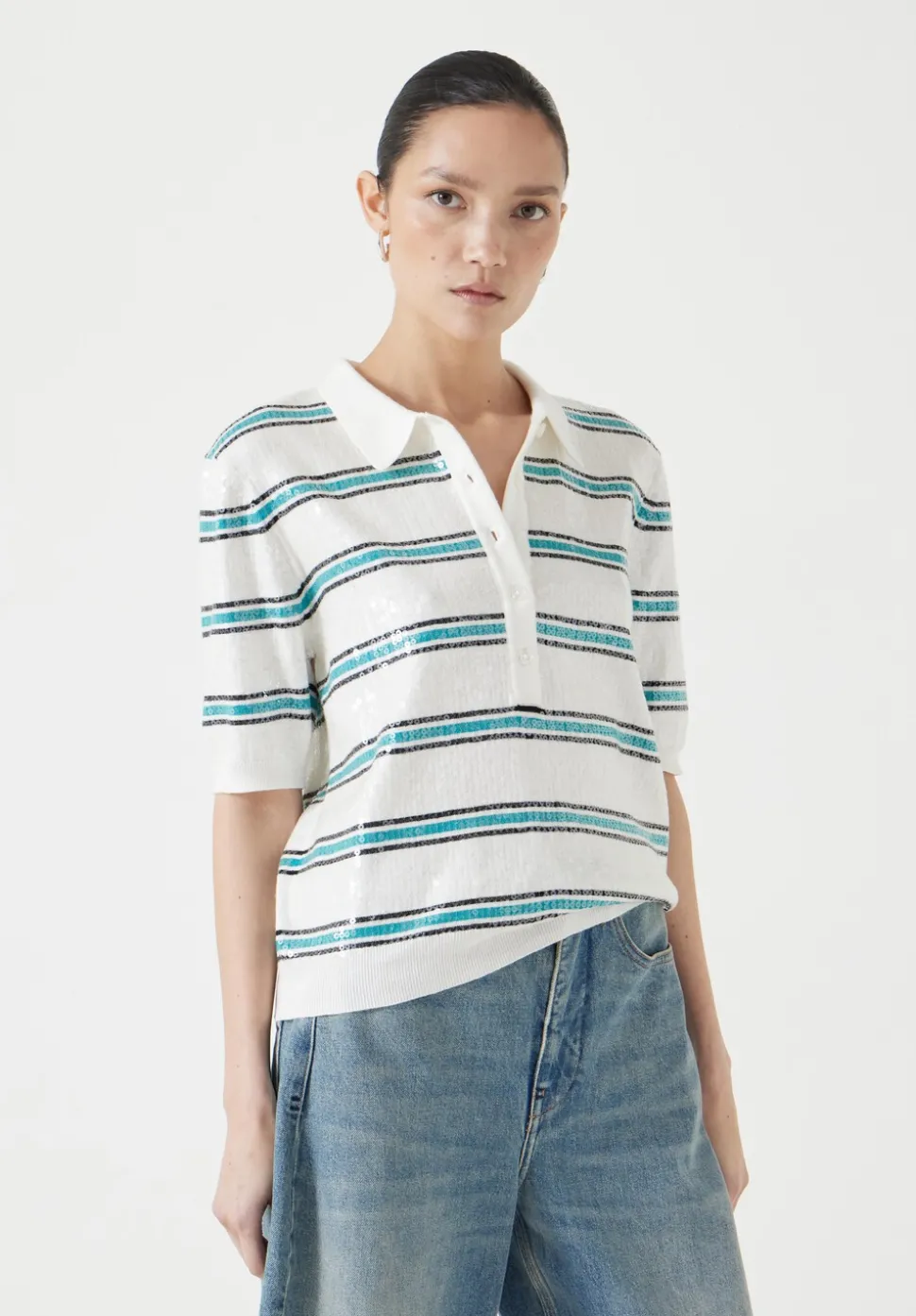 Sequin Stripe Knitted Polo Top