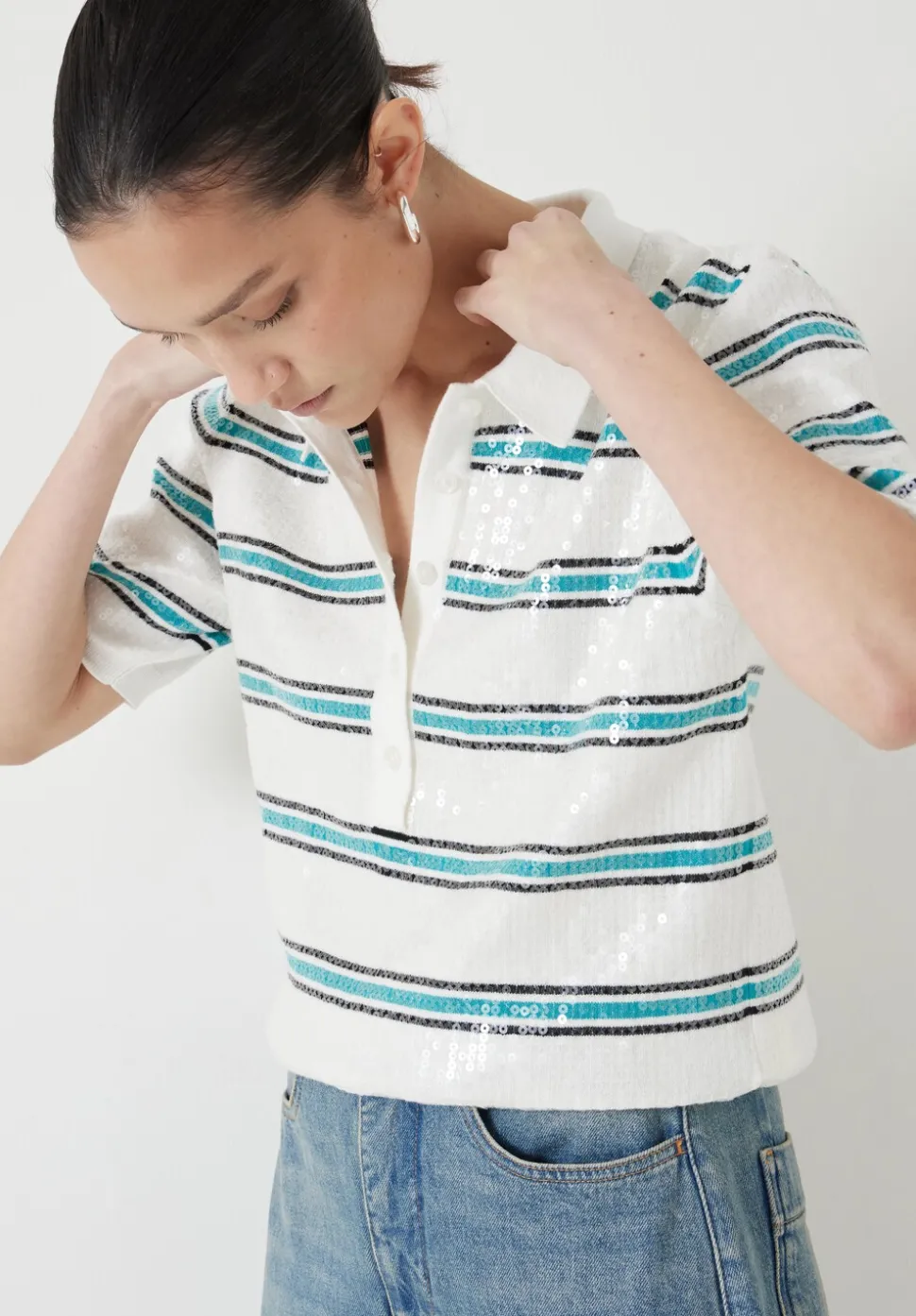 Sequin Stripe Knitted Polo Top