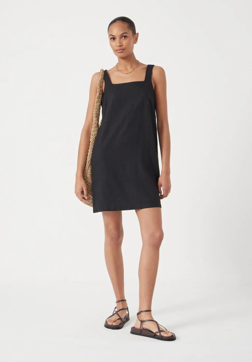 Square Neck Linen Blend Mini Dress