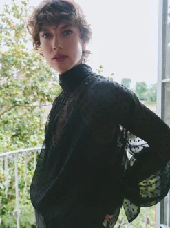 Tie Neck Flocked Spot Blouse