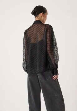 Tie Neck Flocked Spot Blouse