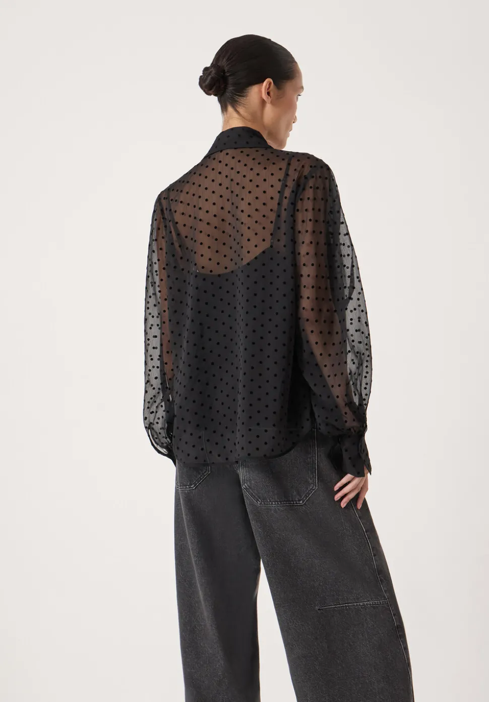 Tie Neck Flocked Spot Blouse