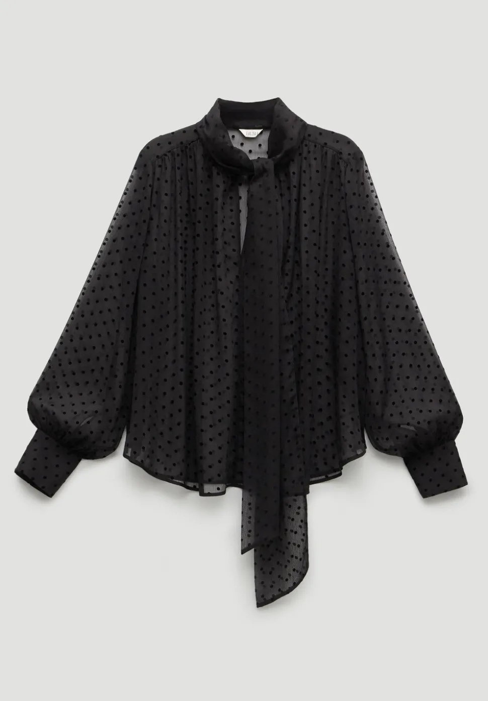 Tie Neck Flocked Spot Blouse