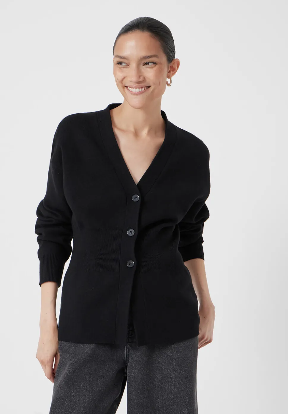 V Neck Ribbed Detail Cardigan with Wool