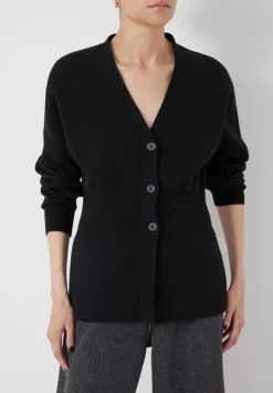 V Neck Ribbed Detail Cardigan with Wool