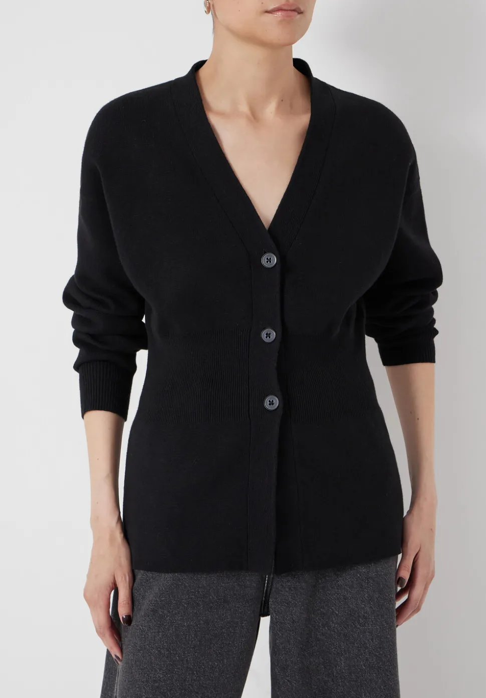 V Neck Ribbed Detail Cardigan with Wool