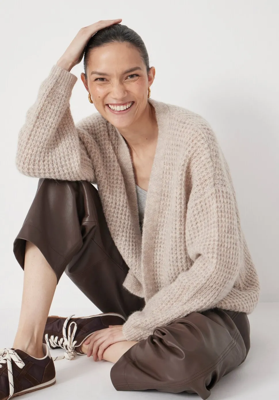 Waffle Stitch Wool Blend Edge to Edge Cardigan