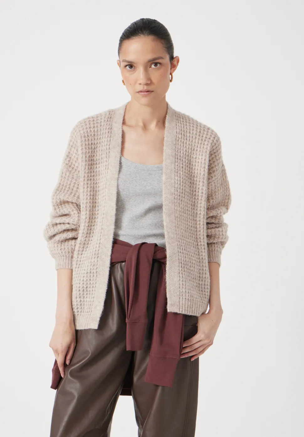 Waffle Stitch Wool Blend Edge to Edge Cardigan
