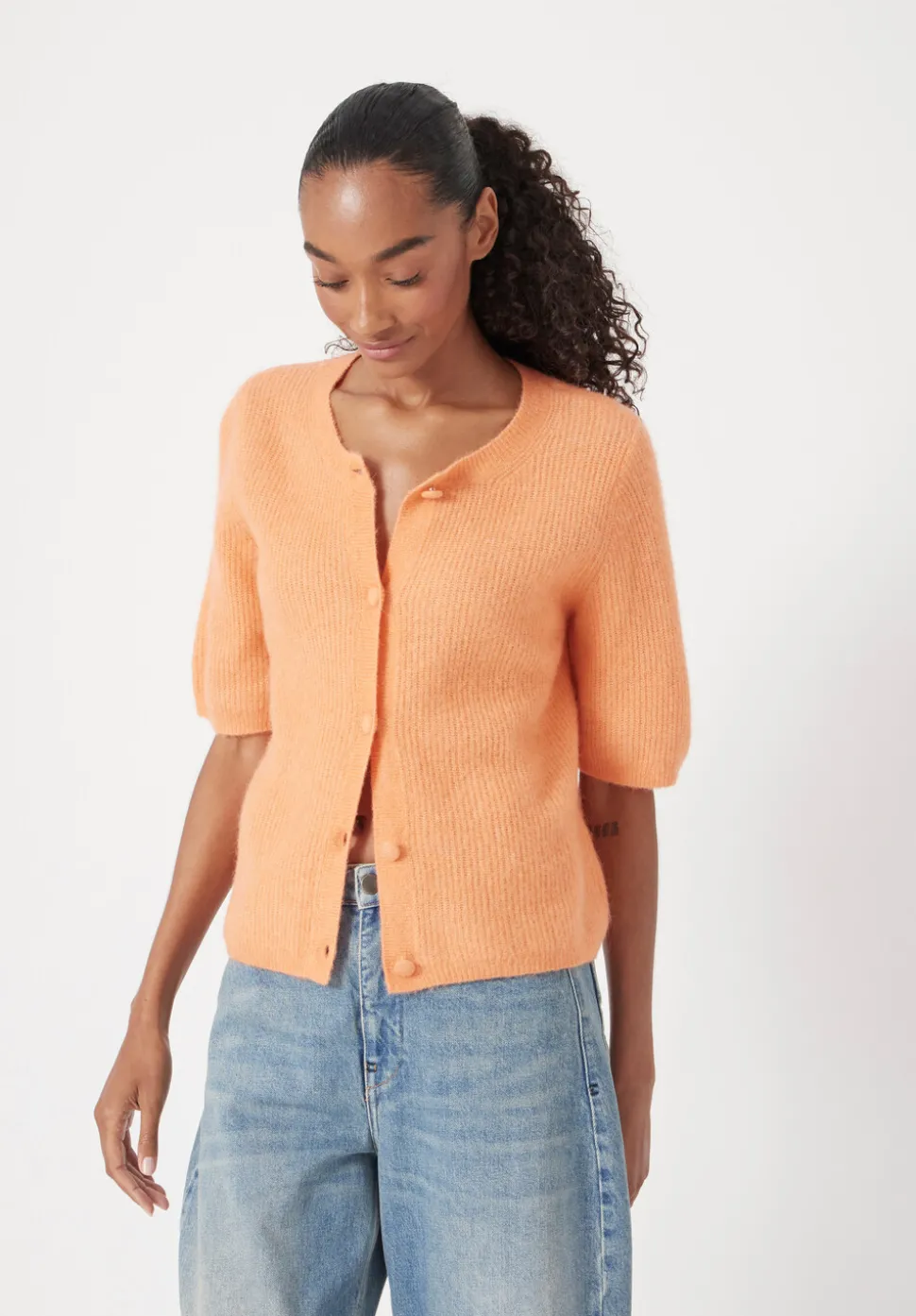 Wool Blend Short Sleeve Ribbed Cardigan